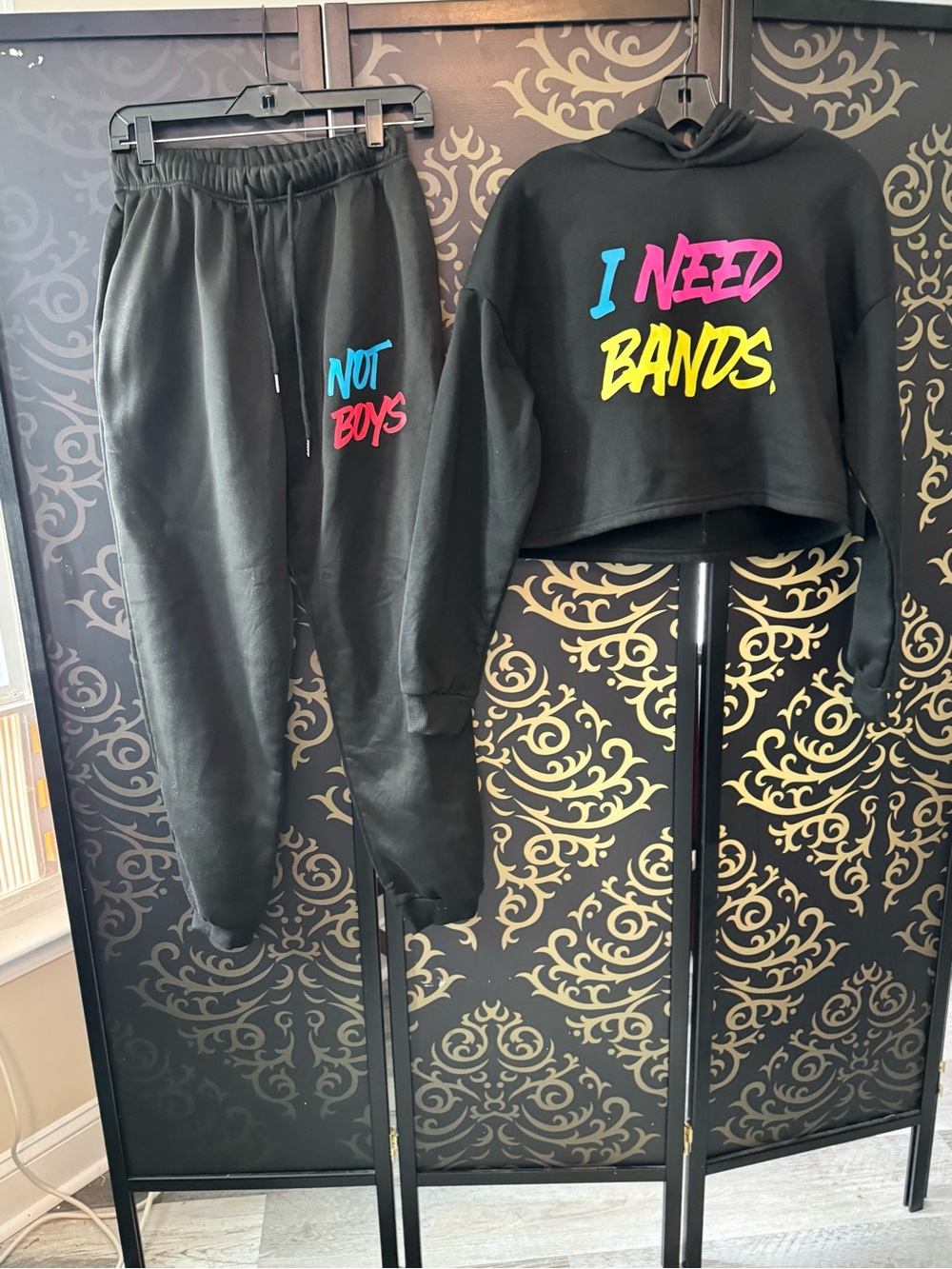 SHEIN Black Cropped Hoodie & Joggers Set with Neon Blue Pink Yellow Script